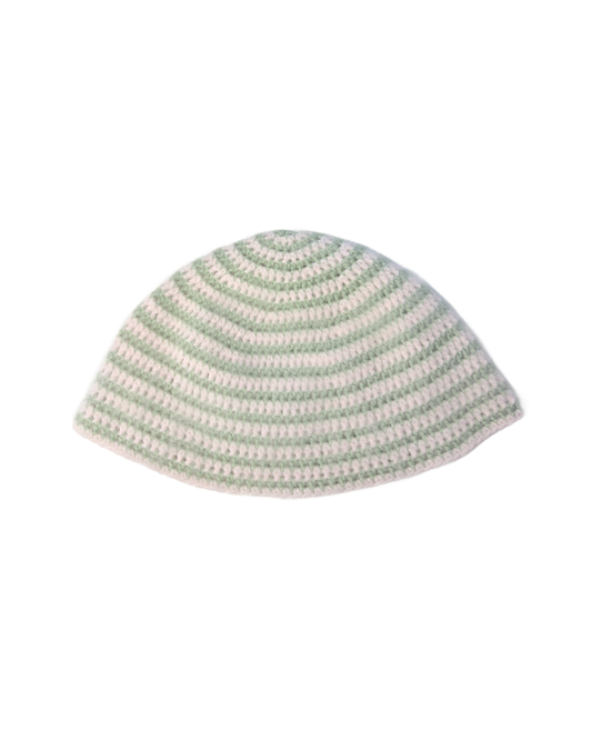 Green and Baby Pink Striped Fuzzy Beanie